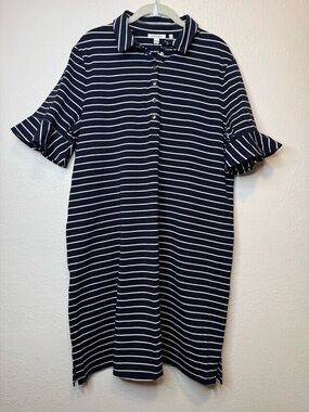 Chico’s Zenergy UPF Knit Striped Polo Shirt Dress Ruffle Sleeve Size 2 New